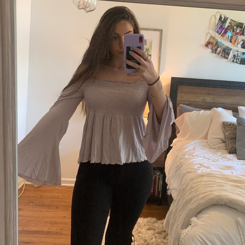 Lilac purple smock off the shoulder shirt.